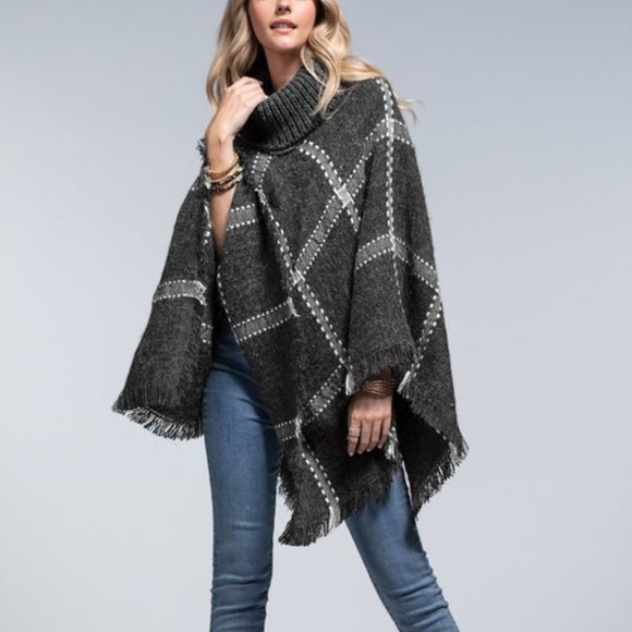 Last 1! NWT Plaid Turtleneck Poncho with frayed Hem - Picture 1 of 5